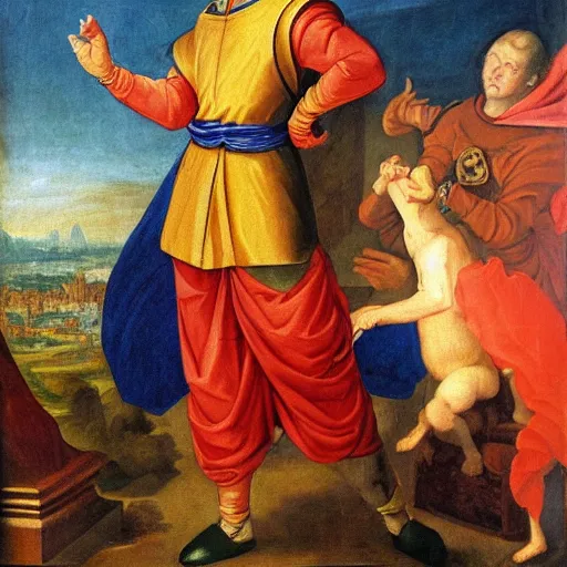 Image similar to renaissance oil painting of Goku posing as napoleon