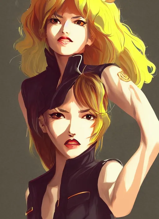 Image similar to full size persona, female sheriff, detail, ultra sharpness, beautiful female, detailed face, art by huyy nguyen, style by cain kuga, cowboy bebop art style, 3 2 beautiful color palettes with their corresponding gradient