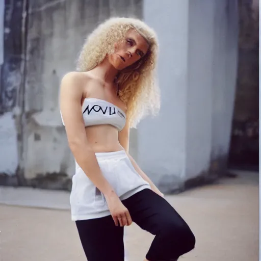 Image similar to realistic photoshooting for a new nike lookbook, color film photography, portrait of a beautiful blonde woman, in style of Davey Adesida, 35mm, film photo