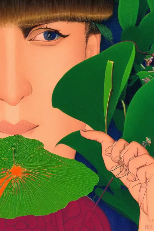 Prompt: a closeup portrait of a young woman taking mind altering drugs, a blotter paper of lsd acid and dreaming psychedelic hallucinations in the vast green landscapes of the amazon jungle, by kawase hasui, moebius, edward hopper, colorful flat surreal design, hd, 8 k, artstation