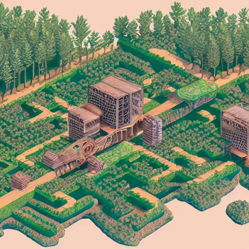 Image similar to Isometric view of a society living on multiple tree houses connected by bridges, intricate, illustration, hyper detailed, detailed