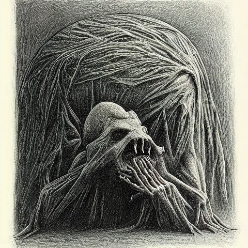 Image similar to grunge drawing of a monster hiding under the bed by - Zdzisław Beksiński, detailed, elegant, intricate, horror themed