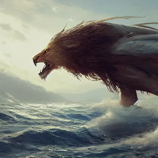 Image similar to A lion with eagle wings coming out of the sea , digital Art, Greg rutkowski, Trending artstation, cinematographic, hyperrealistic