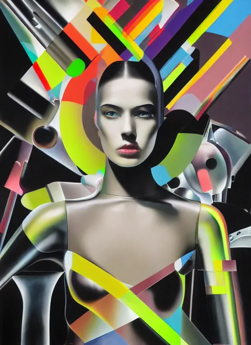 Image similar to futuristic lasers tracing, colorsmoke, leather fullbodysuit, pyramid hoodvisor, raindrops, wet, oiled, beautiful cyborg girl, by steven meisel, kaws, rolf armstrong, mondrian, kandinsky, perfect geometry abstract acrylic, octane hyperrealism photorealistic airbrush collage painting, dark monochrome, fluorescent colors, minimalist rule of thirds, eighties eros