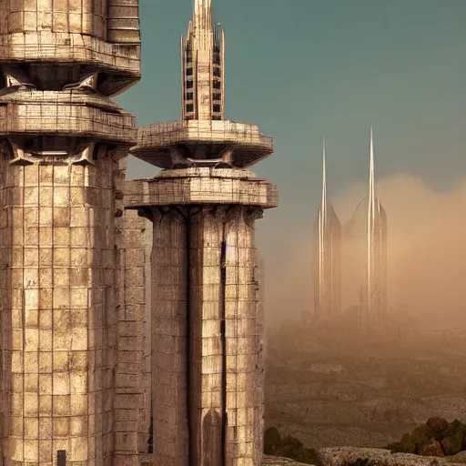 Image similar to a gigantic brutalist ancient tower, a detailed structure with at the top 3 spires in form of a trident, 6 0 0 hundred meters tall set against sunlit, all surrounded by smoke, mountains and a huge old city, vray render 4 k, octane render 8 k, art station, ultra realistic, cinematic composition, style of weta, in the style of ilm