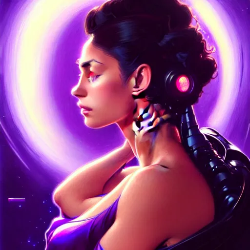 Image similar to Portrait of very very very very very very beautiful Latina woman, spacesuit, purple eyes, intricate, elegant, highly detailed, digital painting, artstation, concept art, smooth, sharp focus, illustration, art by artgerm and greg rutkowski and alphonse mucha