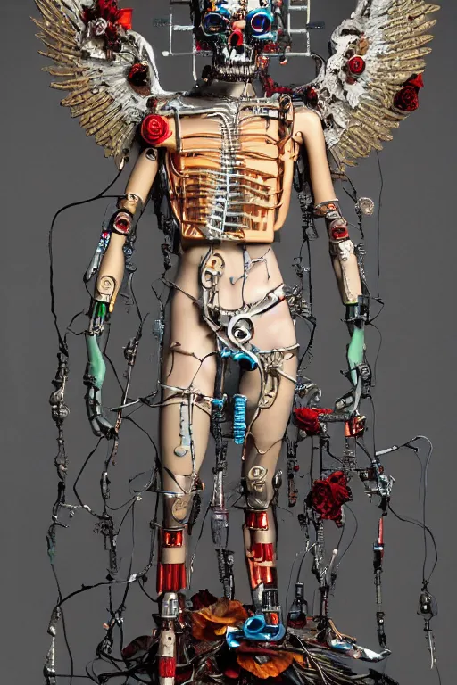 Prompt: full-body cyberpunk style sculpture of a young handsome Aztec prince half android with a chest opening exposing sparked circuitry, exposed motherboard, glowing red eyes, crown of white roses, flowing teal-colored silk, fabric, flowers. baroque elements, human skull. full-length view. baroque element. intricate artwork by caravaggio. many many birds birds on background. Trending on artstation, octane render, cinematic lighting from the right, hyper realism, octane render, 8k, depth of field, 3D