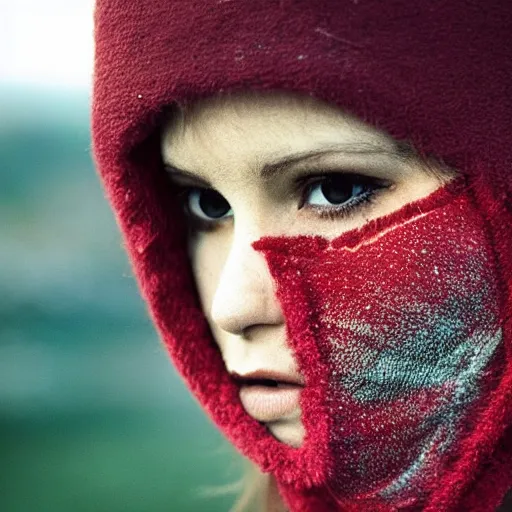 Image similar to female balaclava photography portrait, epic film still