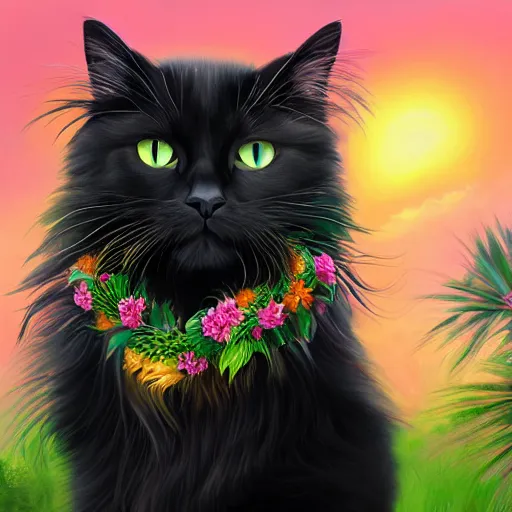 Prompt: oil painting portrait of a long haired fluffy black Cat wearing flower crown and lei necklace on tropical island background digital Art, concept Art, highly detailed, 3-D 4K, trending on art station, Mark Brooks,