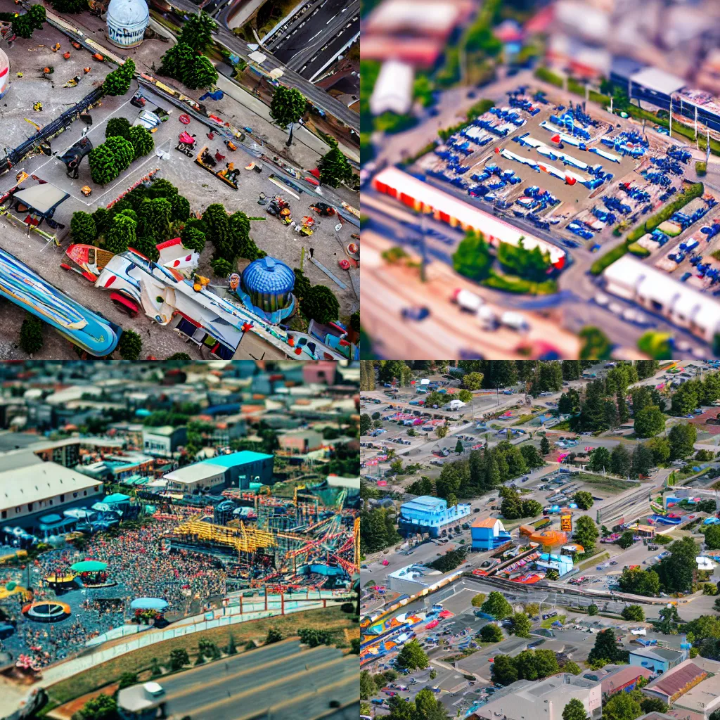 Prompt: aerial photo of an amusement part, tilt shift