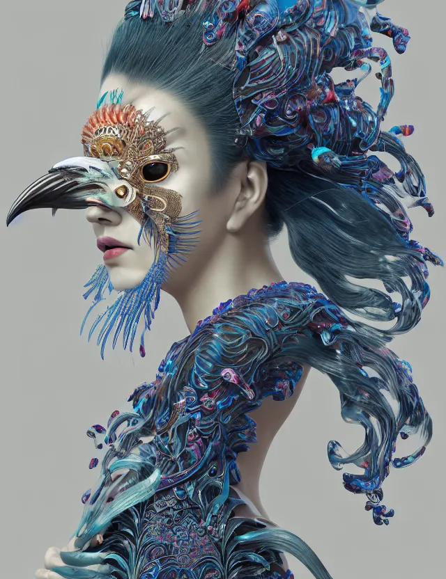 Image similar to 3 d goddess in robe close - up profile portrait with ram skull. beautiful intricately detailed japanese crow kitsune mask and clasical japanese kimono. betta fish, jellyfish phoenix, bio luminescent, plasma, ice, water, wind, creature, artwork by tooth wu and wlop and beeple and greg rutkowski