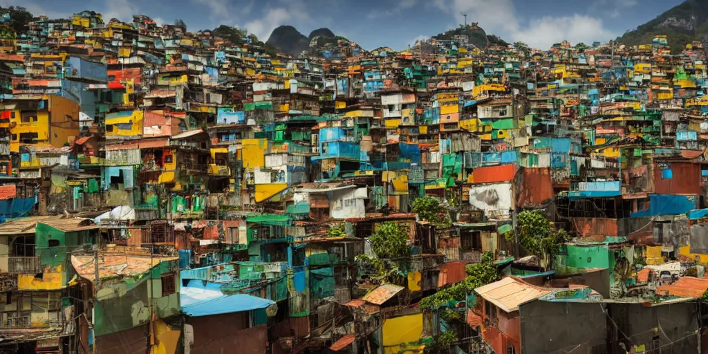 Image similar to photo of rio de janeiro favela being invaded by armed aliens, photorealistic, warm colors, tranquil, peace, happy rocinha