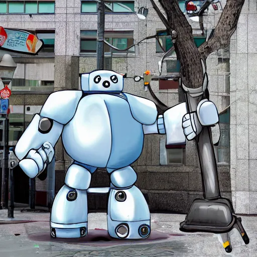 Prompt: an ice bear robot with an axe in san fransisco, epic digital art