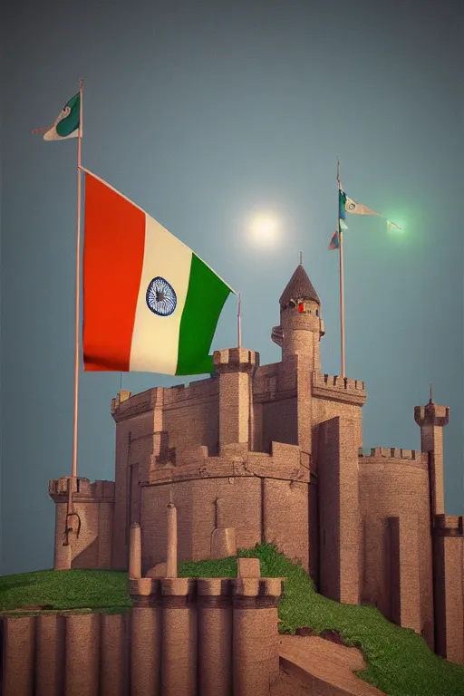 Image similar to indian flag on castle, 3 d, volumetric, photo by alexey kurylev clouds, octane, 3 d render, 3 ds max + vray, art by beeple, india, cinematic