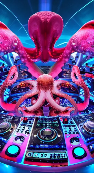 Image similar to award winning photo of an octopus! as a dj with tentacles! simultaneously placed turntables cdjs and knobs of a pioneer dj mixer. sharp, blue and fuschia colorful lighting, in front of a large crowd, studio, medium format, 8 k detail, volumetric lighting, wide angle, at an outdoor psytrance festival main stage at night