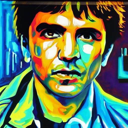Prompt: ' acrylic painting of tony montana in a style of cyberpunk delivery club, in salvia divinorum, photorealistic glamour necro science'