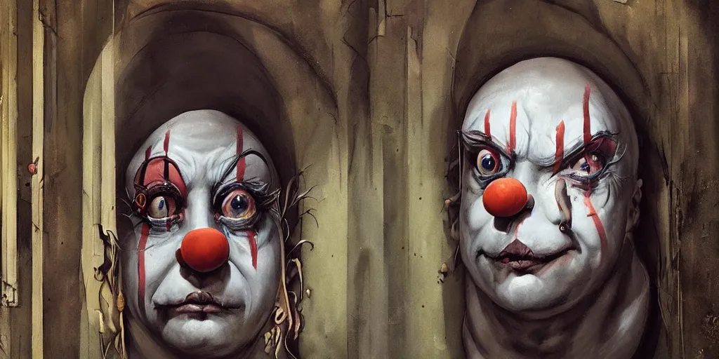 Prompt: a clown portrait in cloistered alleyway dreaming of a circus, in the style of peter mohrbacher by weta digital and francis bacon, high face symmetry, intricate, masterpiece, award winning, high face symmetry, intricate