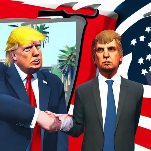 Image similar to boris johnson and trump in heist gear GTA V loading screen