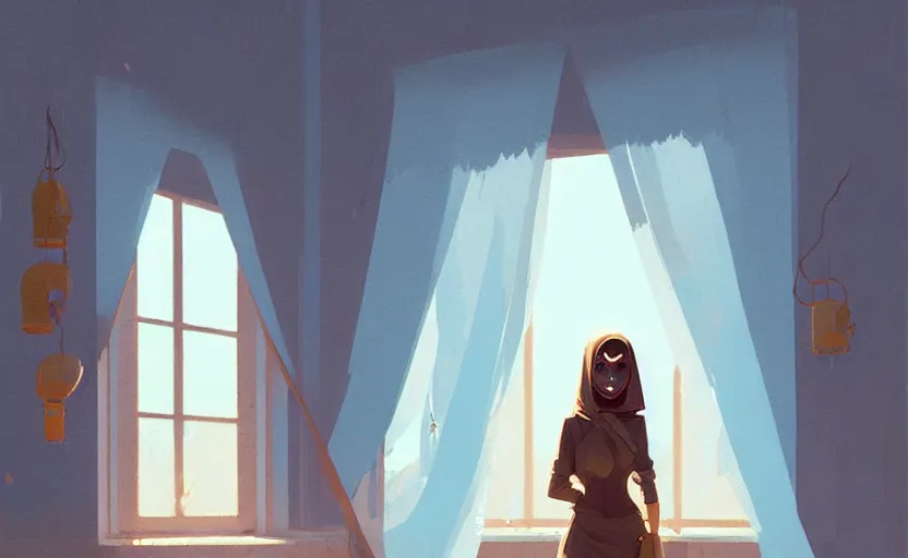 Prompt: female ottoman princess standing near the window by atey ghailan, by greg rutkowski, by simon stalenhag, by greg tocchini, by james gilleard, by joe fenton, by kaethe butcher dynamic lighting, gradient light blue, brown, blonde cream and white color scheme, grunge aesthetic