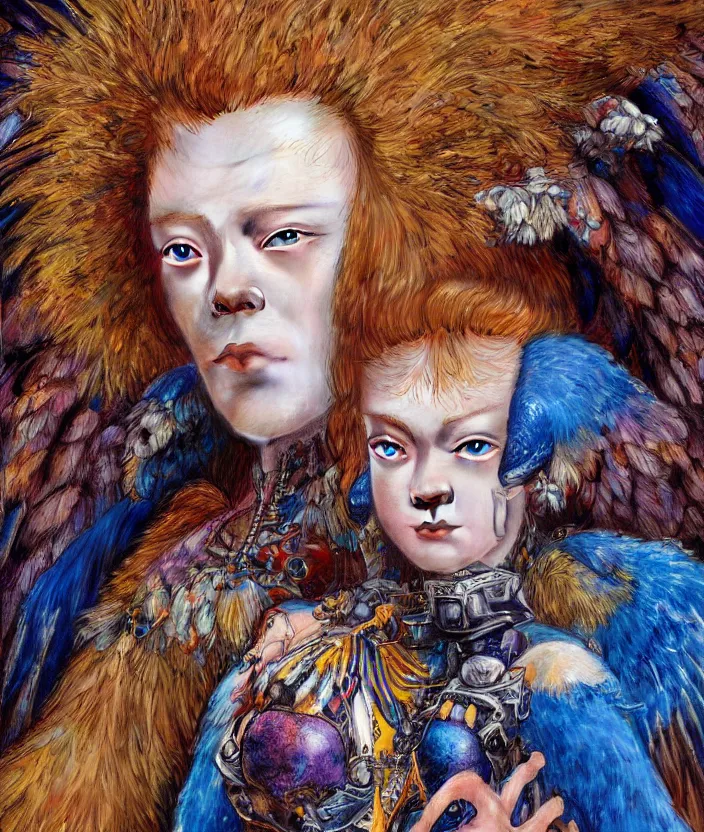 Image similar to a portrait photograph of a meditating fierce sadie sink as a colorful harpy bird super hero with blue mutated skin. she has animal skin grafts and cyborg body modifications and implants. by donato giancola, hans holbein, walton ford, gaston bussiere, peter mohrbacher and brian froud. 8 k, cgsociety, fashion editorial