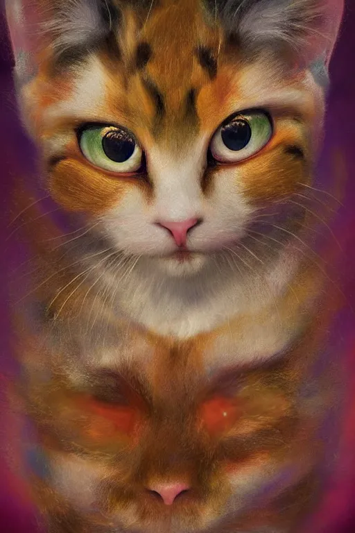 Prompt: Recursive image with a well rounded Calico feline, large eyes, shiny soft fur, anatomically correct, surrounded by matte mirroring swirling wisps of jelly blobs, oil pastels and gold, in the style of albert lynch, modeled in Poser, Redshift render, UHD