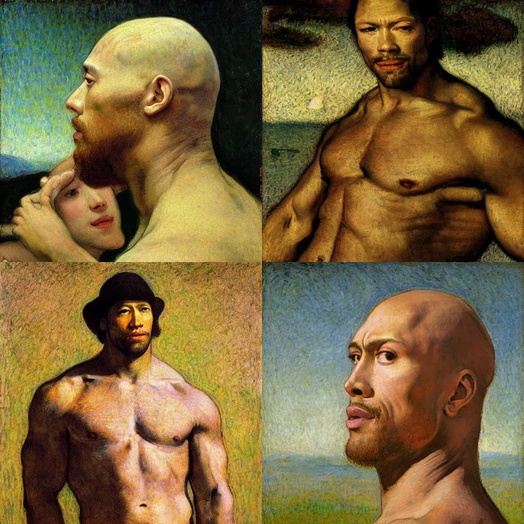 Prompt: f/1.4 f/1.4 f/1.4 f/1.4 Dwayne the rock Johnson by James Gurney by Leonardo da Vinci by Vermeer by Rembrandt by Jean-Antoine Watteau by Eugene Delacroix by Claude Monet by Georges Seurat by Vincent van Gogh by Edvard Munch dramatic lighting oil on canvas trending on artstation cgsociety