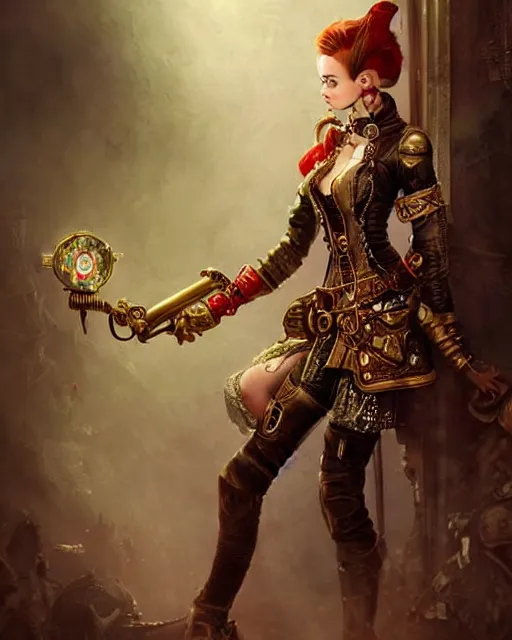 Image similar to a beautiful young female steampunk pirate wearing leather armor on gold and red trimmings on green, very cool pose, slightly smiling Charlie Bowater Annie Leibovitz, zhuoxin ye, cinematic lighting and composition, fantasy painting, very detailed, ornate, 8k trending on artstation and pinterest, deviantart, google images