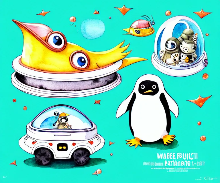 Image similar to cute and funny, penguin riding in a tiny spaceship, ratfink style by ed roth, centered award winning watercolor pen illustration, isometric illustration by chihiro iwasaki, edited by range murata, tiny details by artgerm and watercolor girl, symmetrically isometrically centered, sharply focused