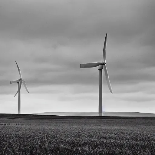 Prompt: a robot made out of modern wind turbines stalking over a field in the countryside, black and white, rainy texture