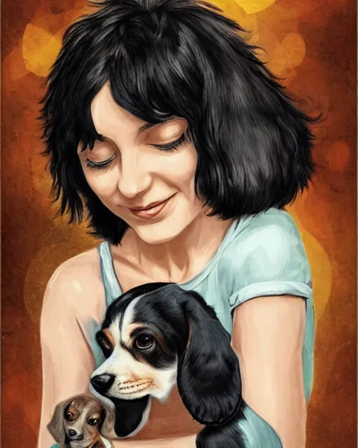 Image similar to happy birthday postcard in a style of Neil Gaiman book , black haired girl holding a beagle puppy, trending on artstation, 8k, highly detailed