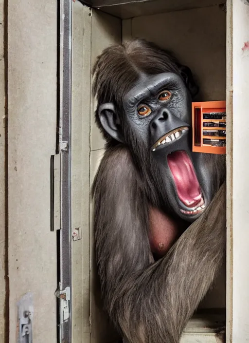 Image similar to scary half human half ape inside fuse box in post communist apartment building