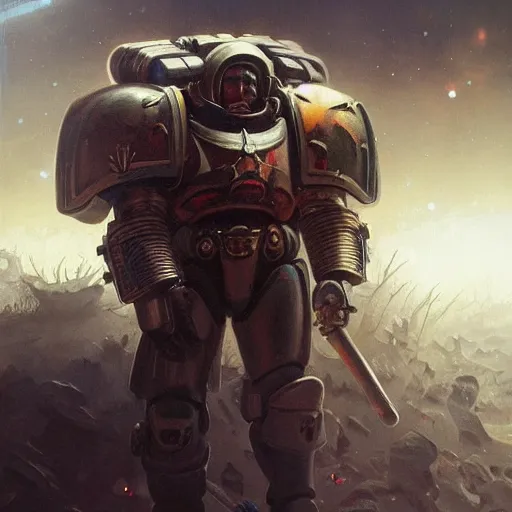 Image similar to space marine, high detail, dramatic light, 4 0 k, digital art, painted by seb mckinnon, painted by greg rutkowski, trending on artstation