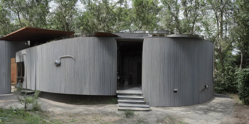 Image similar to modern residence, made from corrugated steel pipe, tube elements, round elements