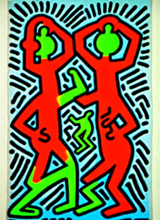 Image similar to image of beautyful female dancing with two dogs by keith haring,