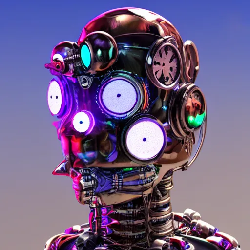 Prompt: a glass statue of a steampunk futuristic robot head wearing brain sensors with multicolored tubes, 8 k, front shot, symetrical, flourescent colors, halluzinogenic, multicolored, insanely detailed, front shot, 3 d render, octane