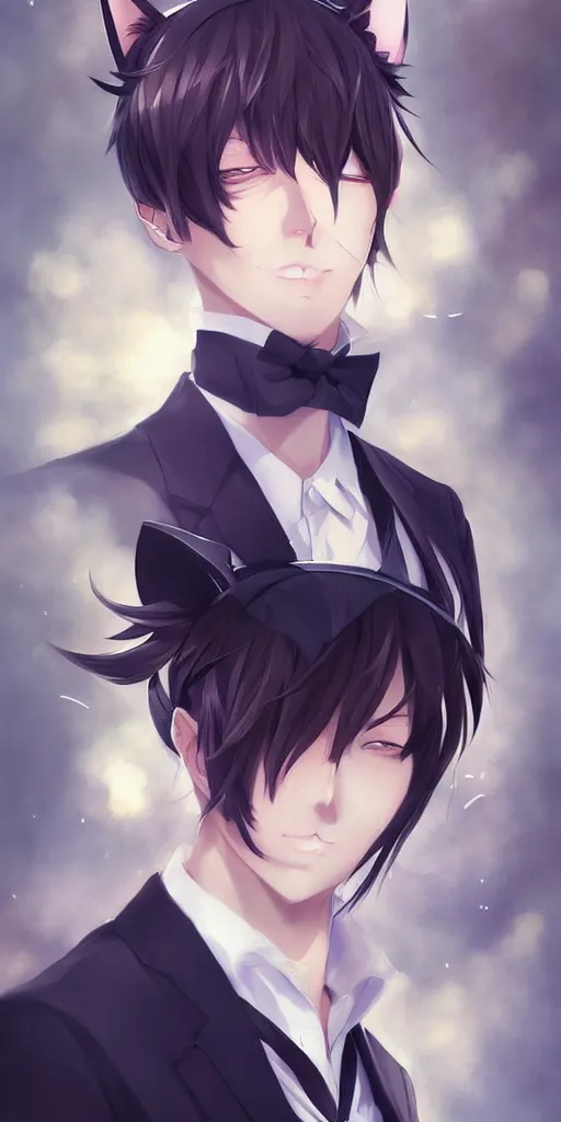 Image similar to A realistic anime portrait of a handsome young man with cat ears wearing a suit, by WLOP and Rossdraws, digtial painting, trending on ArtStation, deviantart