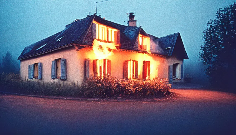 Image similar to 1 9 7 0 s movie still of a heavy burning french style little house in a small northern french village by night in autumn, cinestill 8 0 0 t 3 5 mm, heavy grain, high quality, high detail, dramatic light, anamorphic, flares