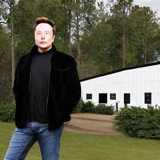 Image similar to Elon musk standing in front of a Barndominium, large metal home