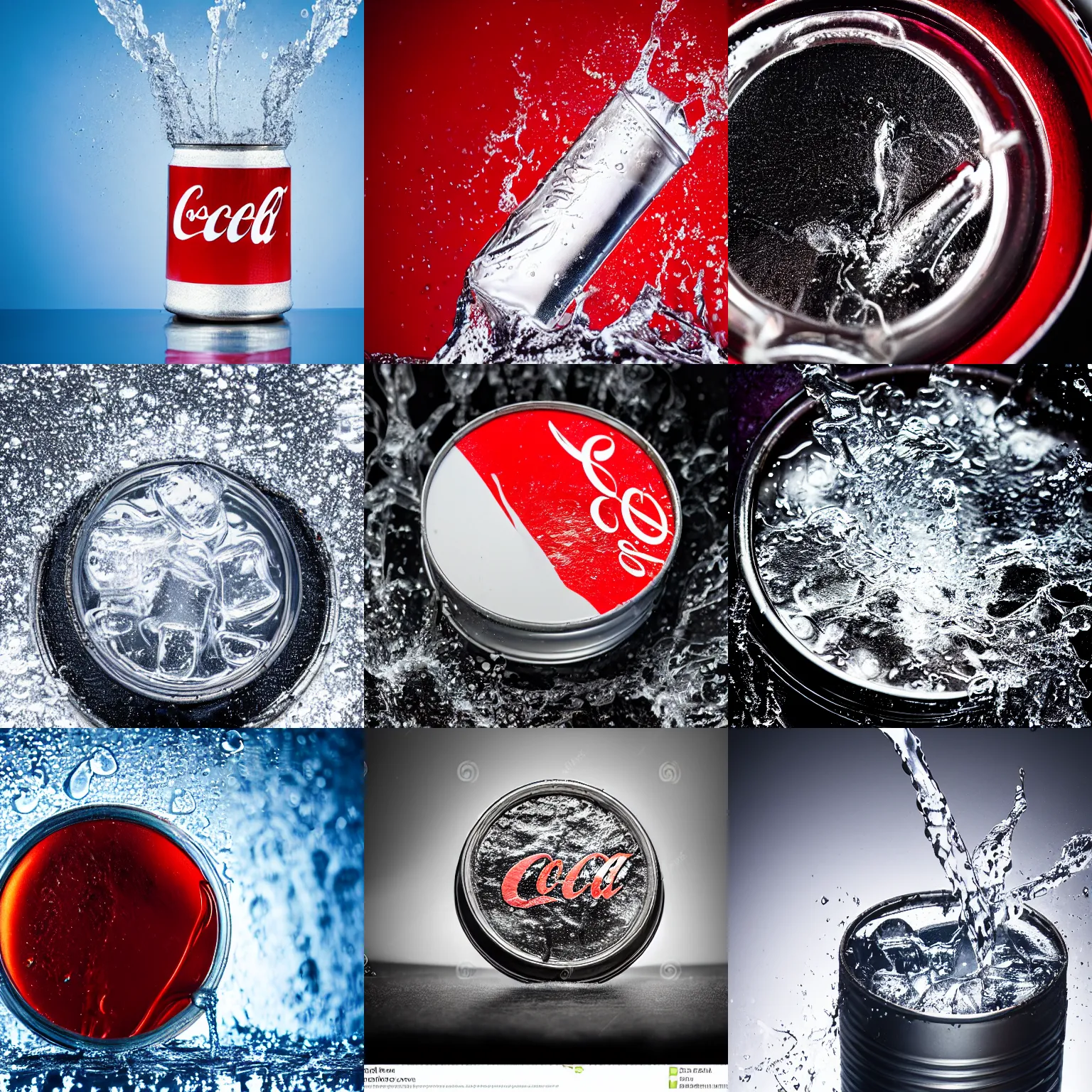 Prompt: can of coke in a splash of water, studio photo, studio lights, macro shot