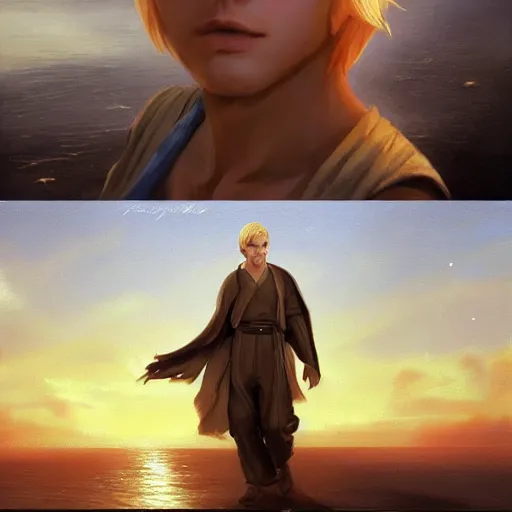 Image similar to a young blonde male jedi with short hair standing still looking at the sunset concept art by Doug Chiang cinematic, realistic painting, high definition, concept art, portait image, path tracing, serene landscape, high quality, highly detailed, 8K, soft colors, warm colors, turbulent sea, high coherence, anatomically correct, hyperrealistic, concept art, defined face, five fingers, symmetrical