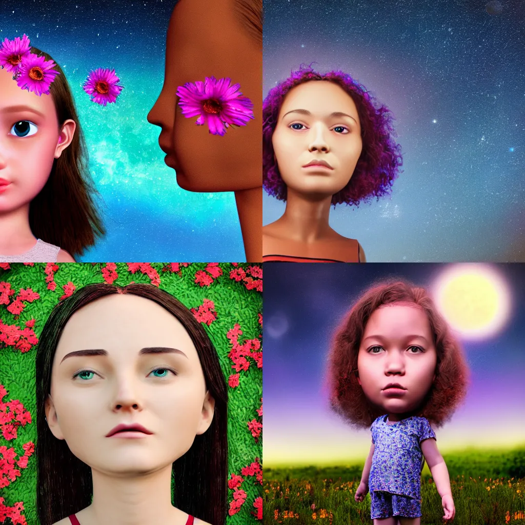 Prompt: big headed girl, photorealistic, 4k, flower, night sky