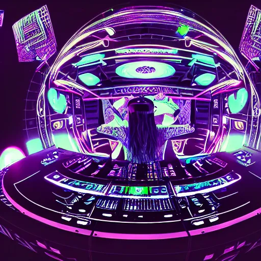 Prompt: intricate detailed artwork of a futuristic hardstyle music dj at an mainstage festival rave in the style of Sandra Pelser, VR headset, wires, speakers