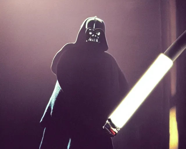 Prompt: a high definition photograph of Kanye West seriously holding a lightsaber, in moody lighting, high contrast, dark shadows