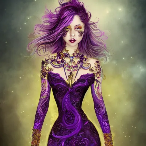 Image similar to beautiful young woman, with purple and gold fire hair, wearing a lace dress with jewels, full colors background, full of detail, majestic, organic, dark fantasy, rotten, sinister, macabre, crazy detailed and complex, super detailed, 8K, 4k,