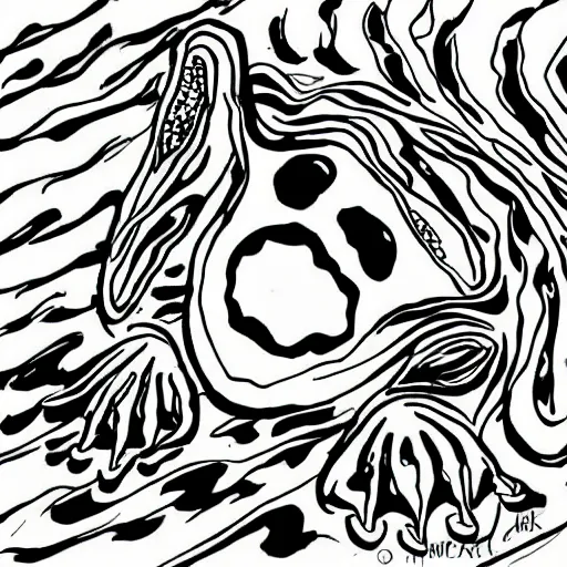 Image similar to deep camouflage angry toad evil eyes poking out eyes from under the water ultra sharp blur background simple background deep brown psychedelic contour ink drawing