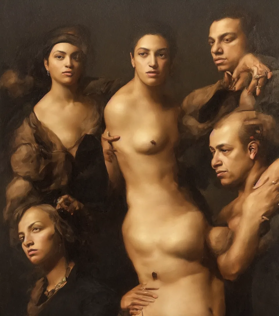 Image similar to portrait of jayz and beyonce in the style of roberto ferri