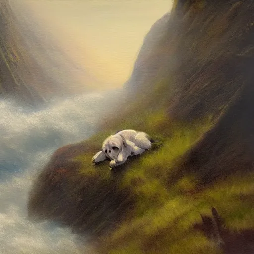 Prompt: dog lying next to a canyon close to the sea, evocative, mist, romanticism landscape painting