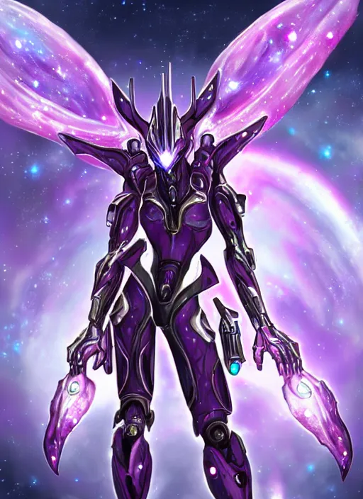 Image similar to detailed cinematic shot, cosmic sized perfectly proportioned stunning beautiful hot female warframe, detailed cyborg mecha female dragon head, metal ears purple eyes, silver armor, fuschia leds, floating in empty space, nebula sized, holding a planet, epic proportions, epic size, epic scale, furry art, dragon art, giantess art, warframe fanart, furaffinity, deviantart