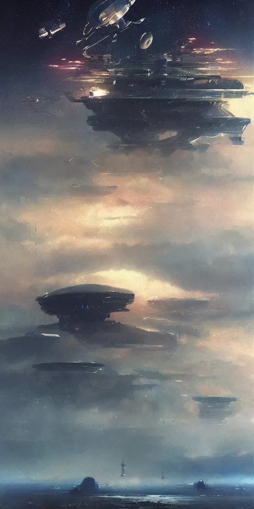 Prompt: large spaceships dragging long cables and antennas over a cloud covered landscape, sci - fi concept art, by john harris, by john berkey, by simon stalenhag, stunning, award winning