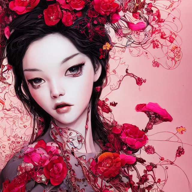 Prompt: studio portrait absurdly beautiful, elegant, graceful, young hypercolorful sensual gravure idol rubies and red petals, ultrafine hyperrealistic detailed face illustration by kim jung gi, irakli nadar, intricate linework, sharp focus, bright colors, matte, octopath traveler, final fantasy, unreal engine highly rendered, global illumination, radiant light, intricate environment